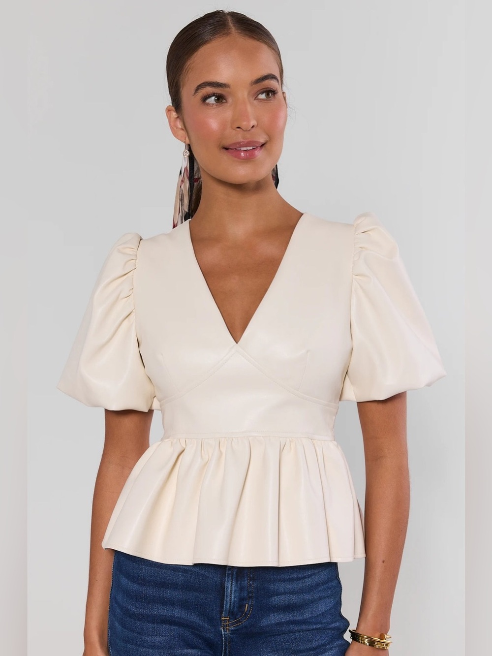 NWT AVARA Ivory Faux Leather Peplum Top